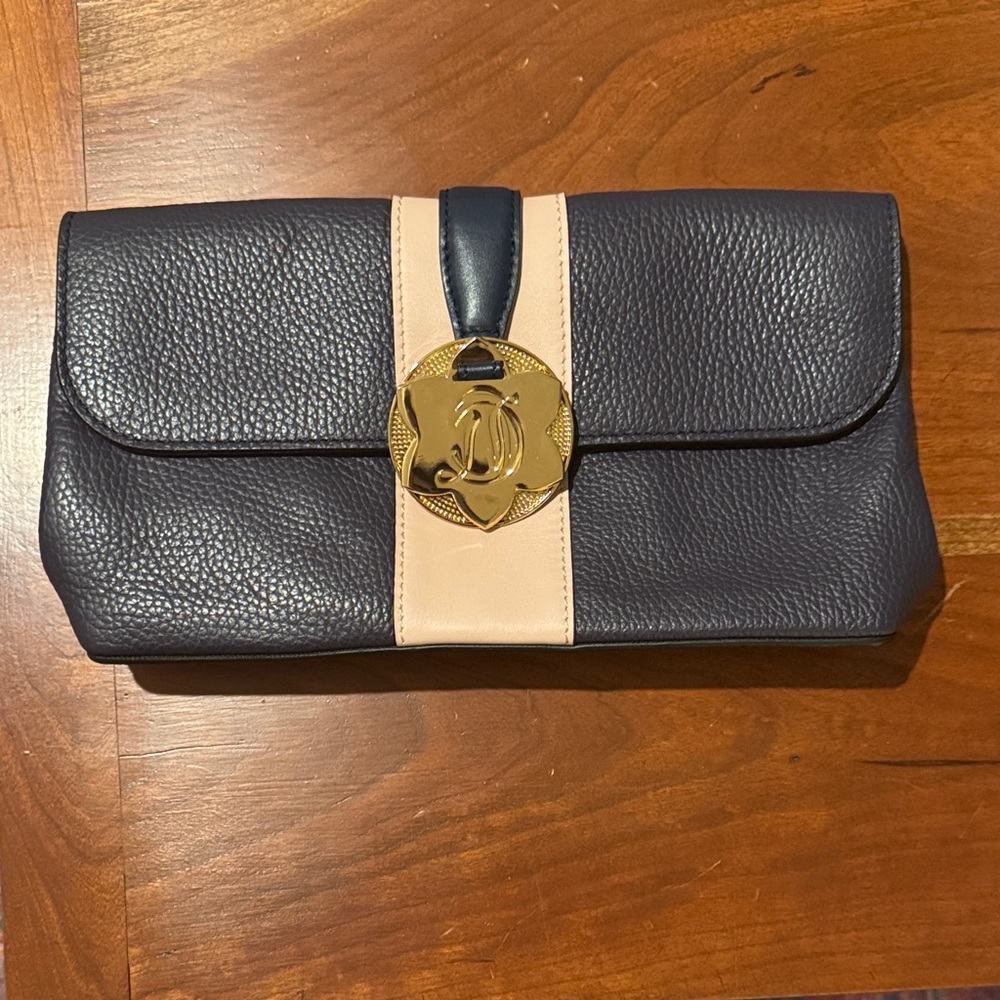 Draper James Navy and Cream Leather Clutch